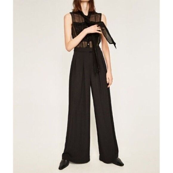 Zara Palazzo Pinstriped Gold Wide Leg Career Dressy Designer Jumpsuit XS - Picture 1 of 7